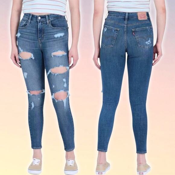 Levi's Denim - LEVI'S 721 High Rise Skinny Jean Sz 27 Blue Distressed Ripped Detail